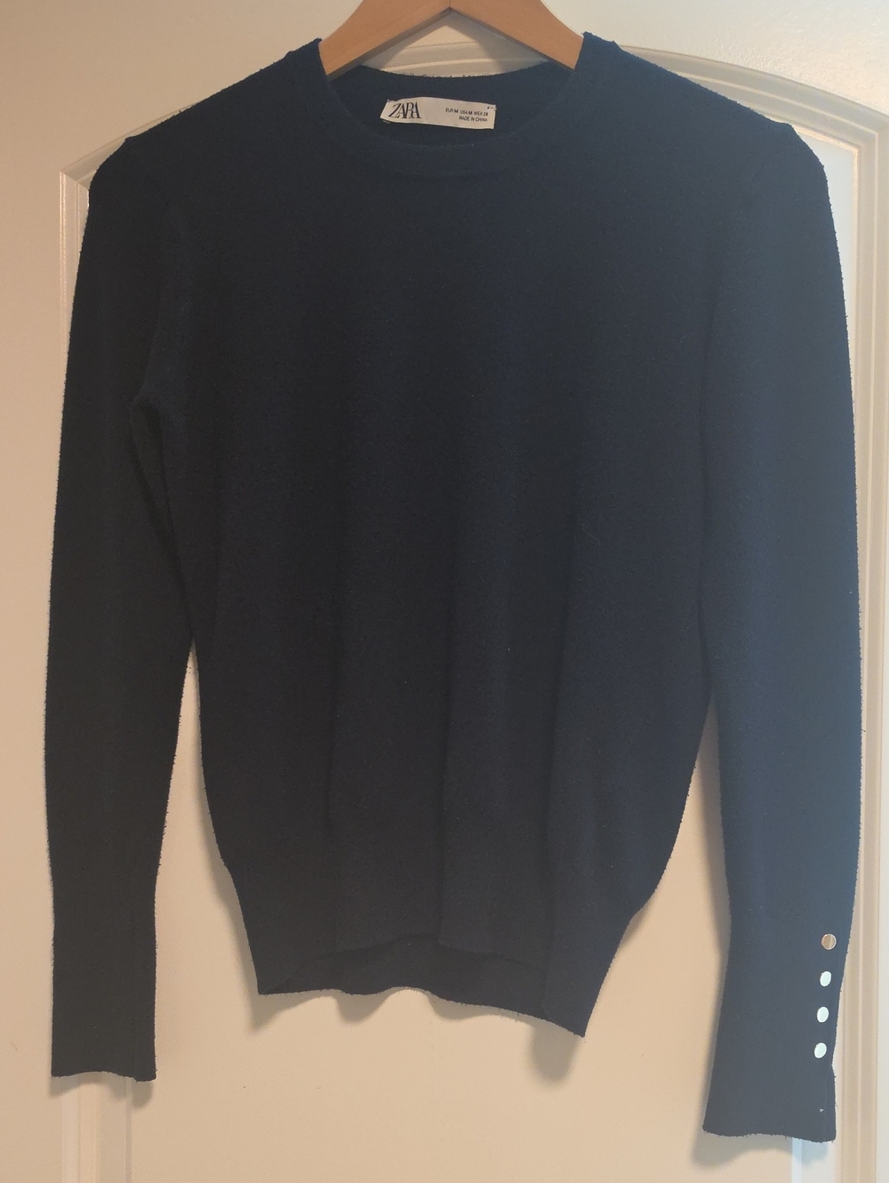 Zara Womans Navy Crewneck Sweater with Sleeve Buttons